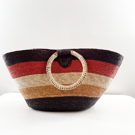 Multicolor Striped Mexico Rattan Woven Straw Wicker Handbag Beach Bag Brown