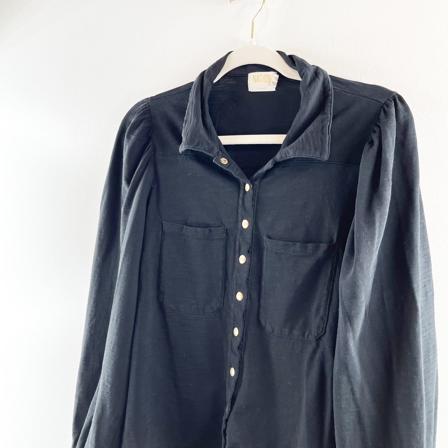Nation LTD Desta Femme Bishop Sleeve Collared Snap Button Shirt Black Medium