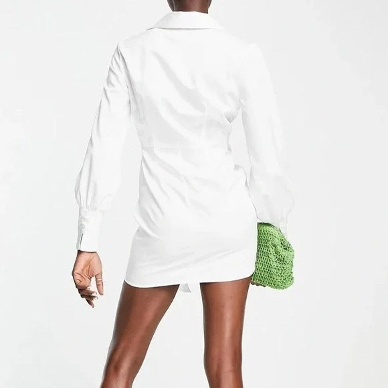 Topshop Long Sleeve Mini Twist Front Satin Shirt Dress White 12