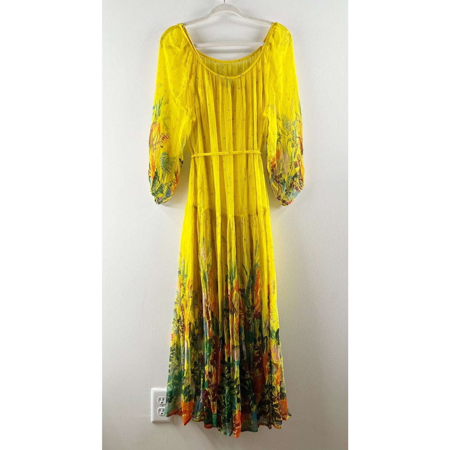 Anthropologie Tarin Scoopneck Tie Waist 3/4 Sleeve Floral Maxi Dress Yellow S