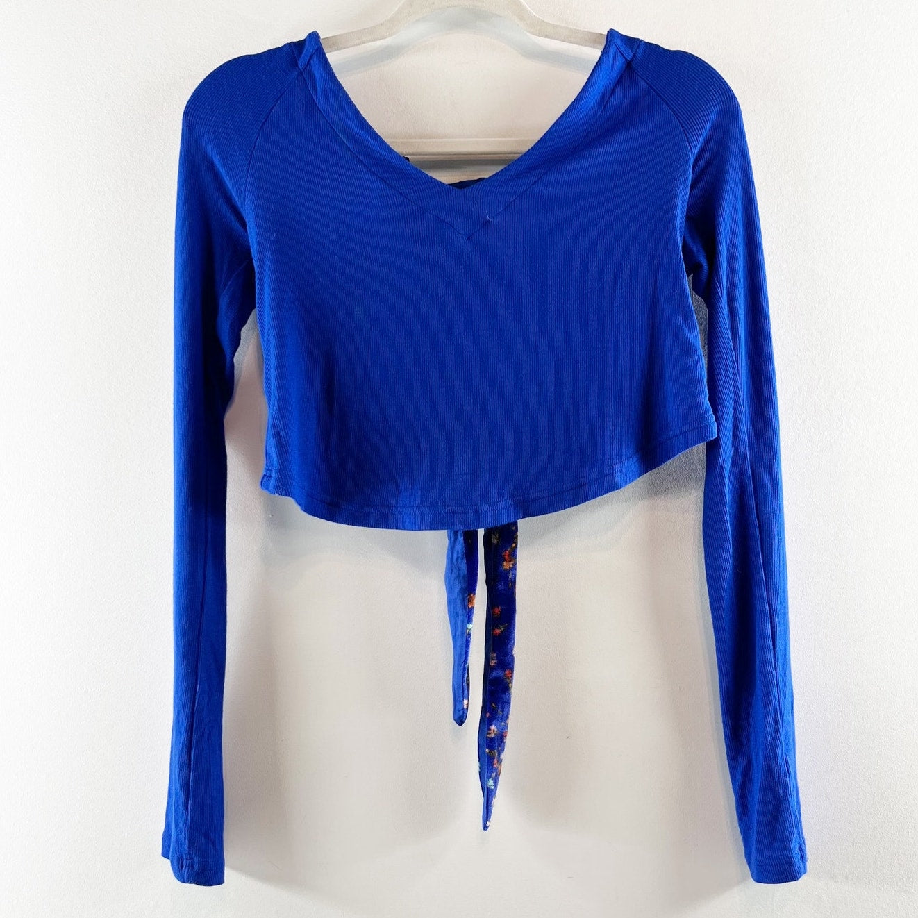 Free People Long Sleeve Looking Forward Back Cutout Tie Crop Top Blue Small