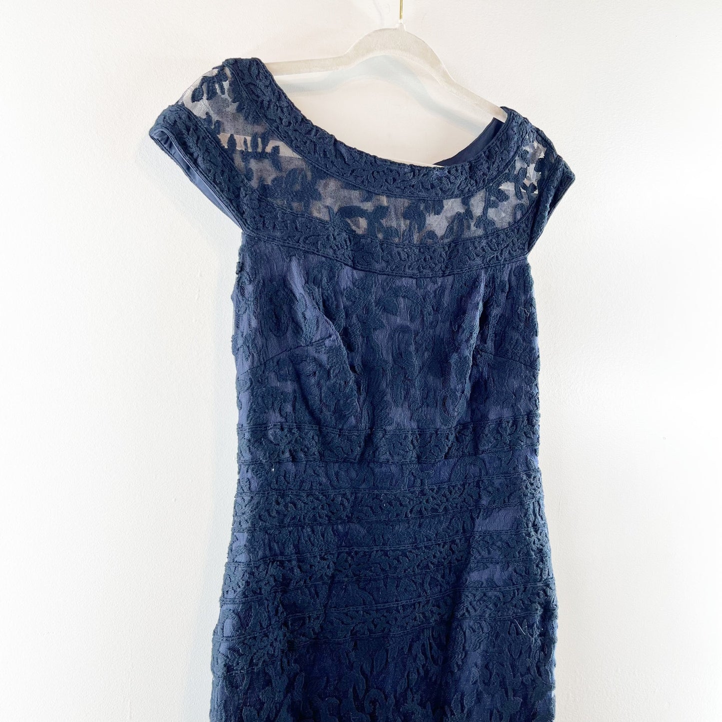 Tadashi Shoji Embroidered Banded Lace Maxi Length Gown Dress Navy Blue 4