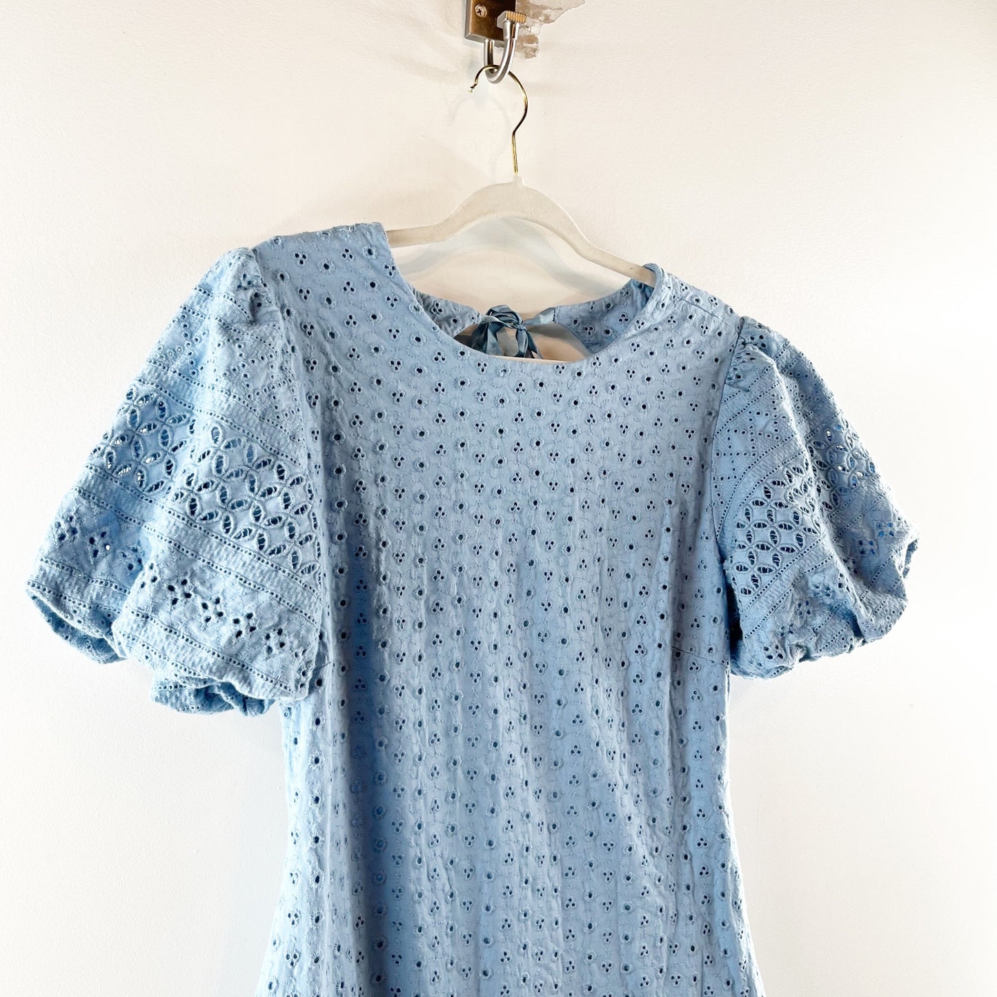 Free People Apricot Rose Puff Short Sleeve Eyelet Lace Mini Dress Blue Large