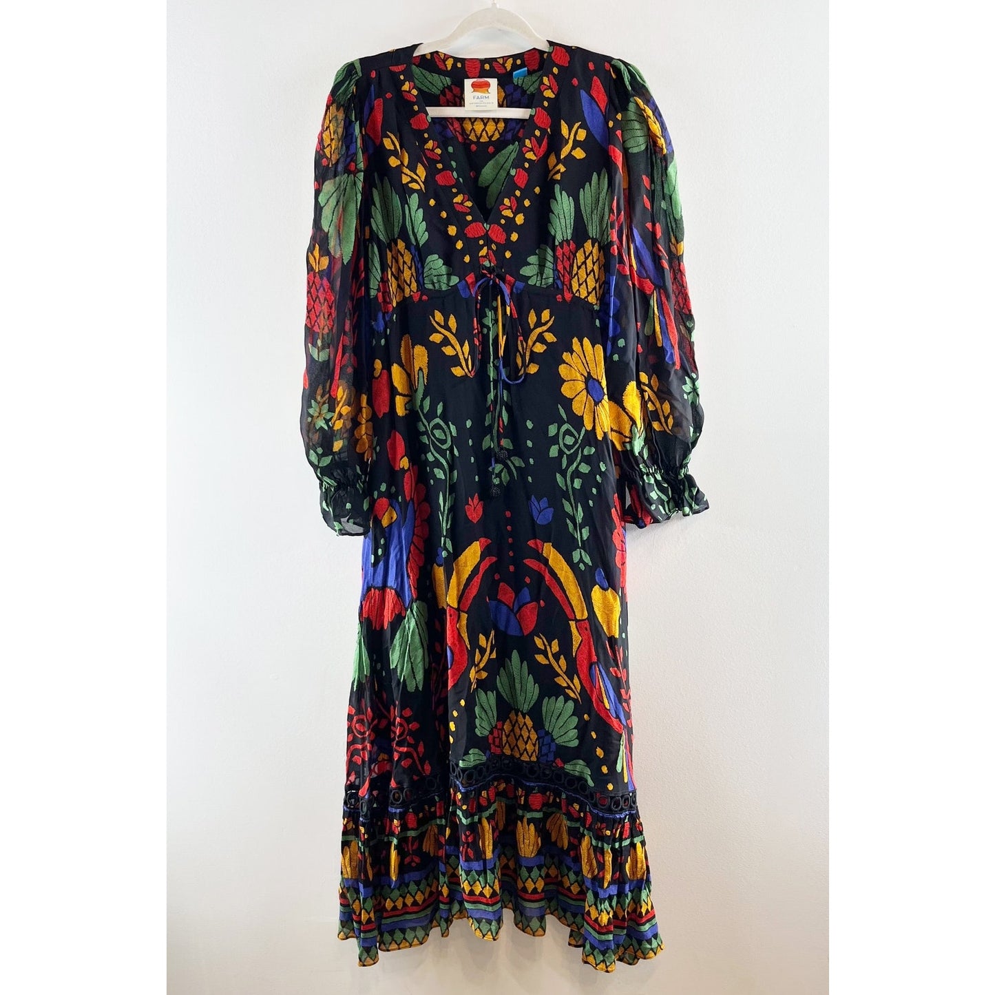 Farm Rio Georgette Tropical Puff Sleeve V-Neck Ruffle Maxi Dress Black Medium