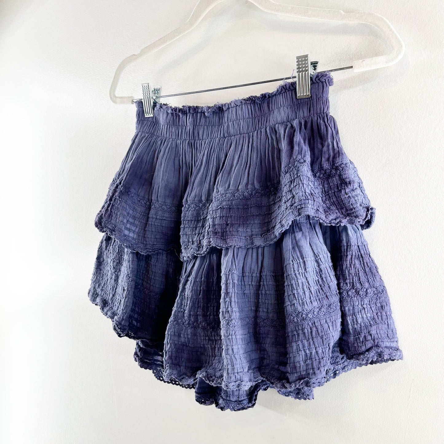 Aerie Tiered Ruffle Cotton Smocked Waist Tie Dye Mini Skirt Blue Small