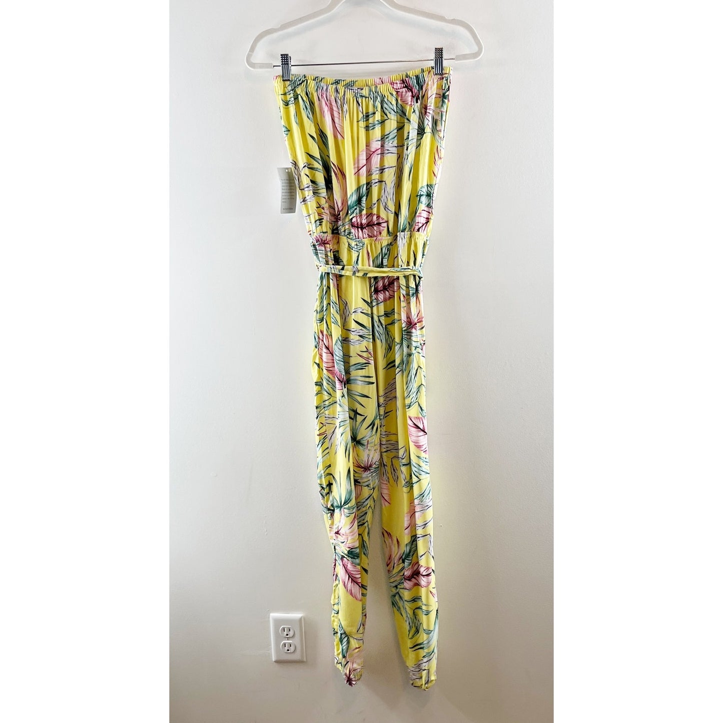 The Vanity Room Strapless Tropical Print Jogger Jumpsuit Banana Yellow Medium