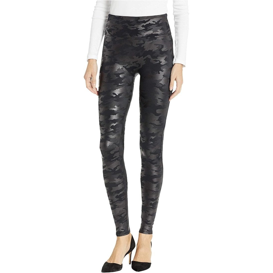 SPANX Pull On High Waisted Faux Leather Leggings Matte Black Camo XL