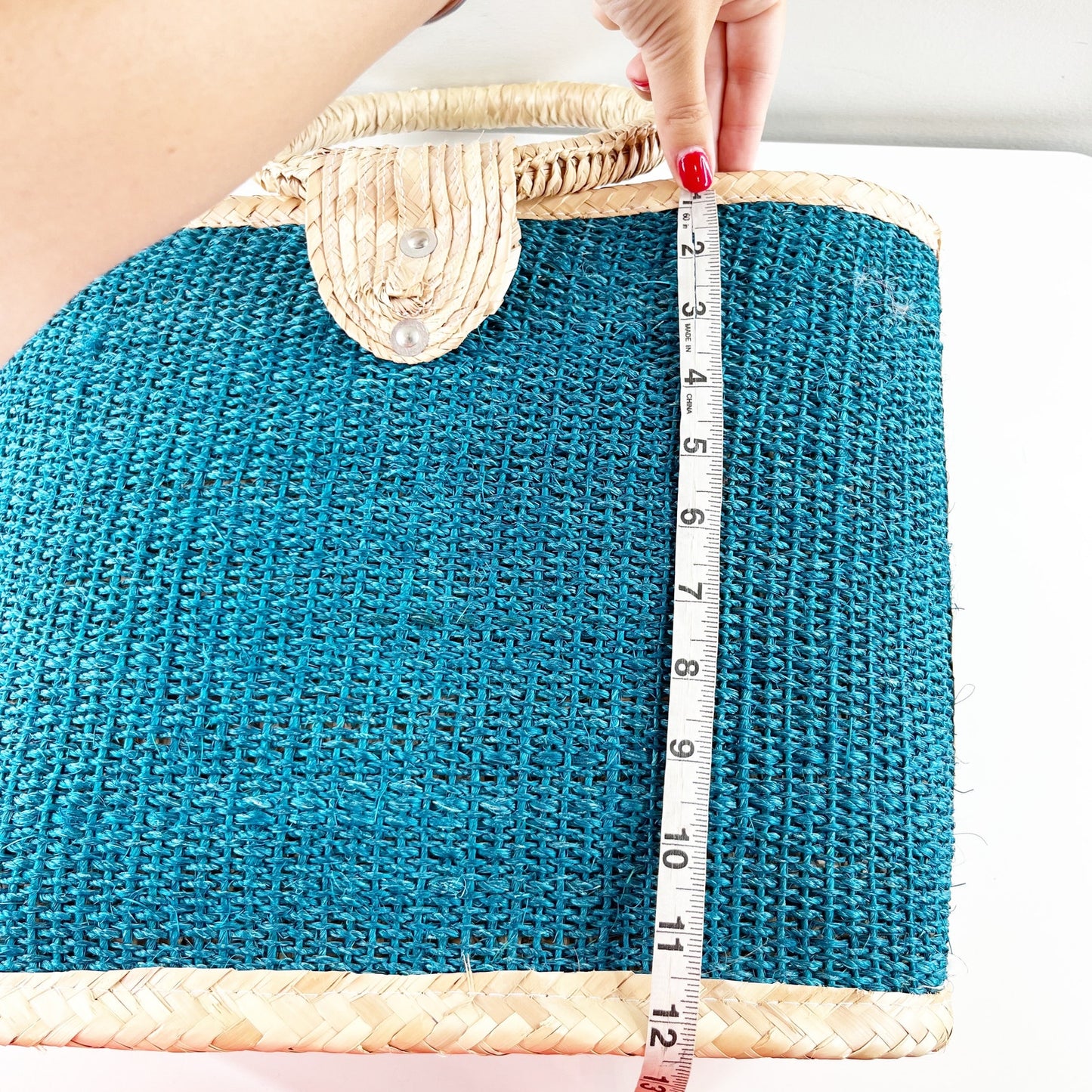 Round Double Handle Medium Straw Bucket Tote Handbag Teal Blue Beige