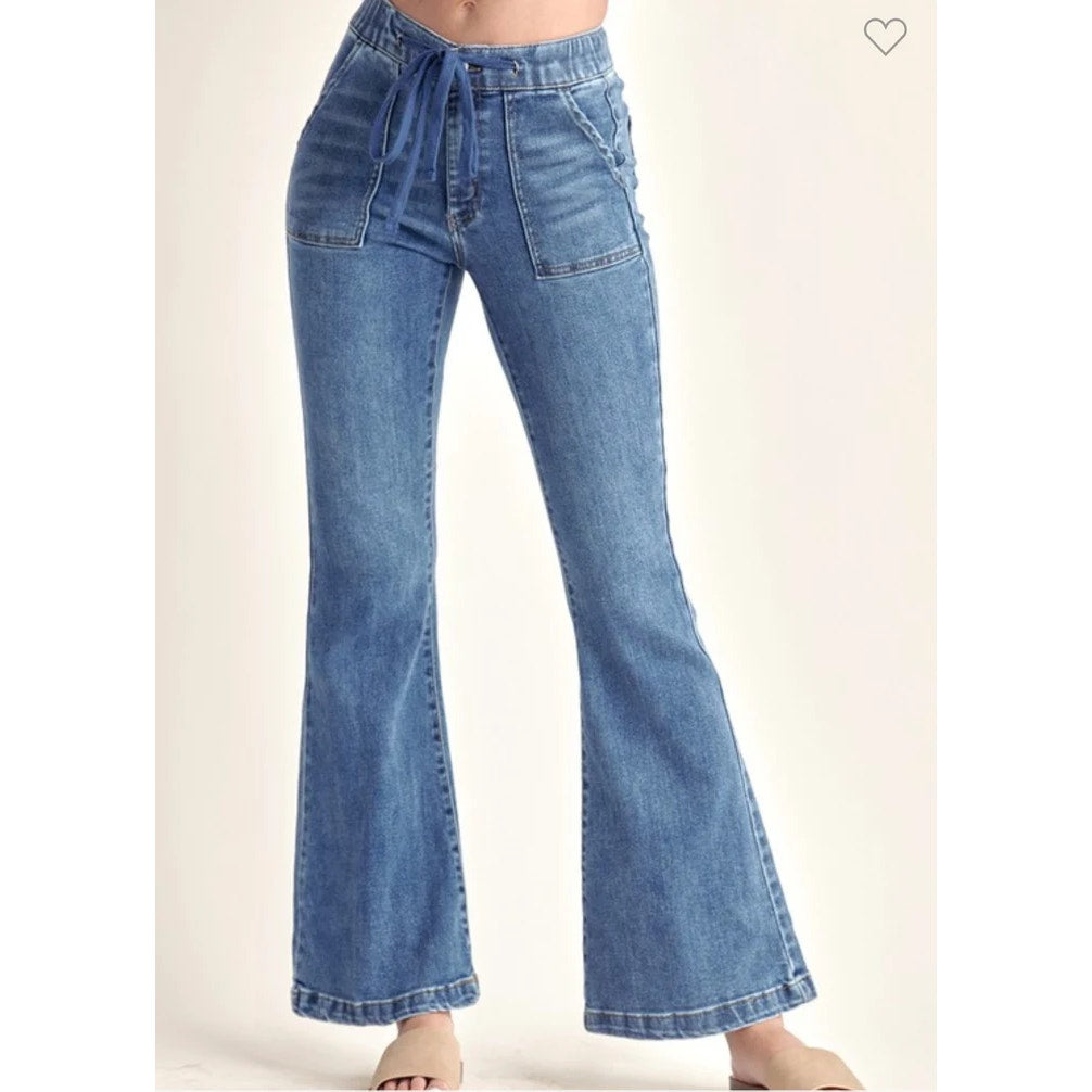Risen Denim Mid Rise Flare Jeans With Drawstring and Front Pockets Blue 5 / 27