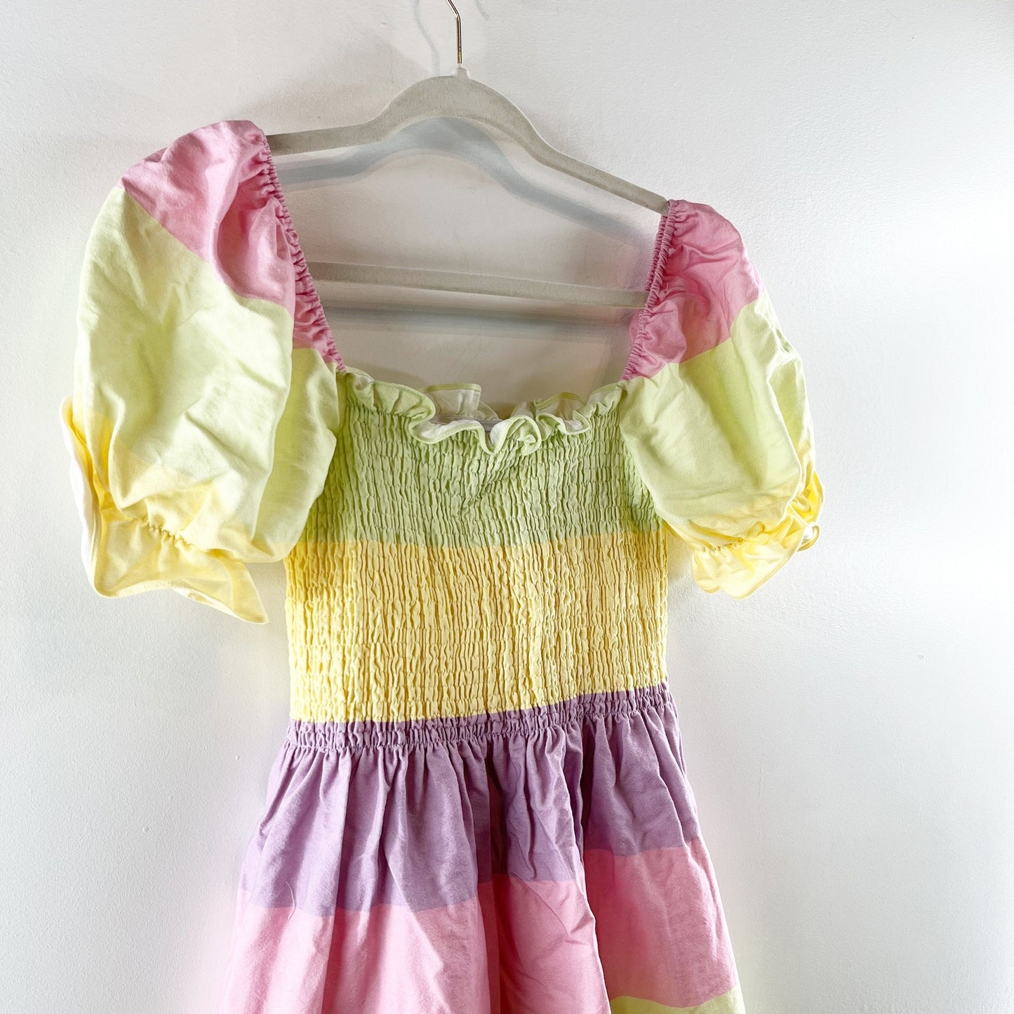 Olivia Rubin Emilie Striped Pastel Puff Sleeve Mini Dress Yellow Pink 2