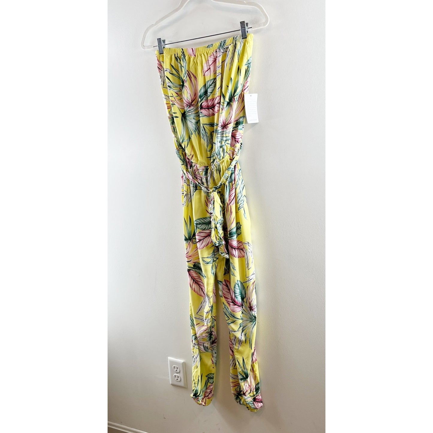 The Vanity Room Strapless Tropical Print Jogger Jumpsuit Banana Yellow Medium