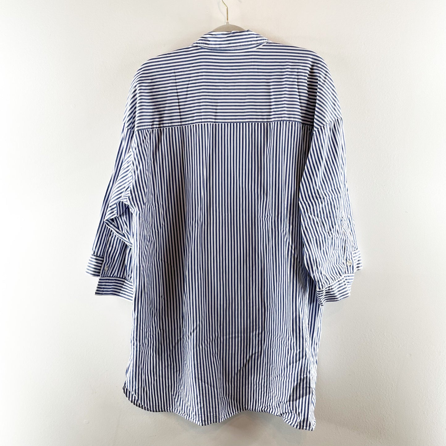 Zara Striped 3/4 Sleeve Oversized Poplin Tunic Button-Up Shirt Blue White XS