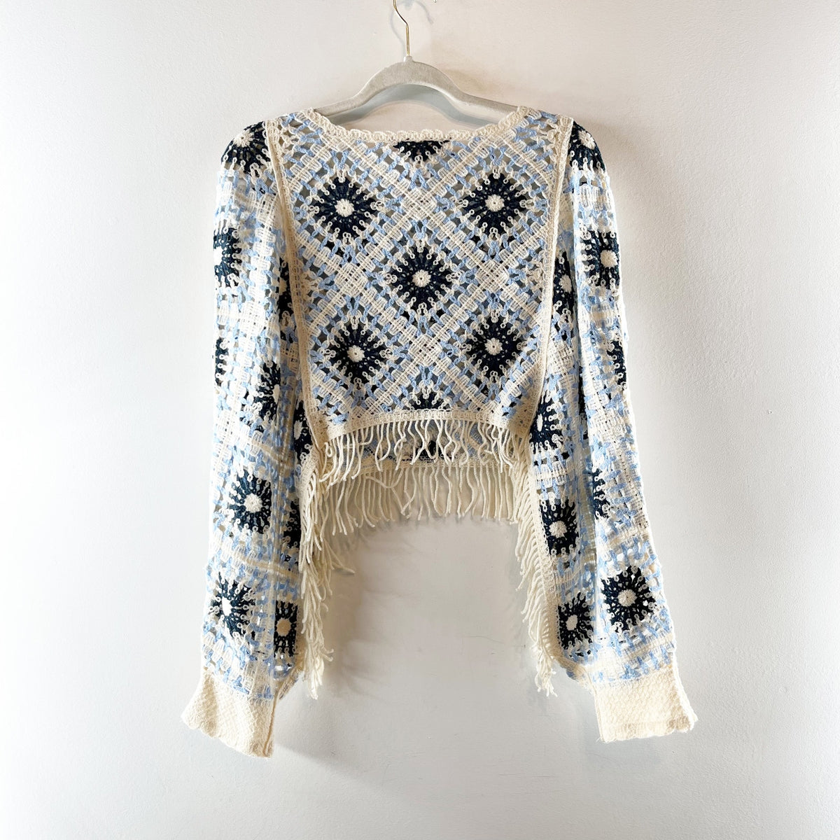 House of Harlow Long Sleeve Fringe Trim Granny Square Crochet Sweater Blue OS