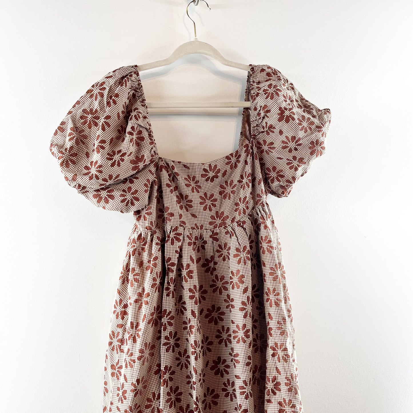 Storia Short Puff Sleeve Square Neck Floral Daisy Bubble Hem Mini Dress Brown M