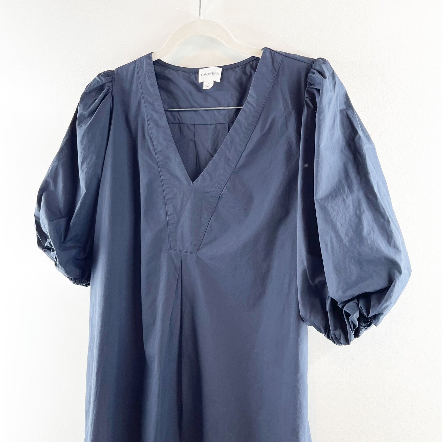 ForCynthia Puff Sleeve V Neck Tunic Cotton Poplin Mini Dress Navy Blue Large
