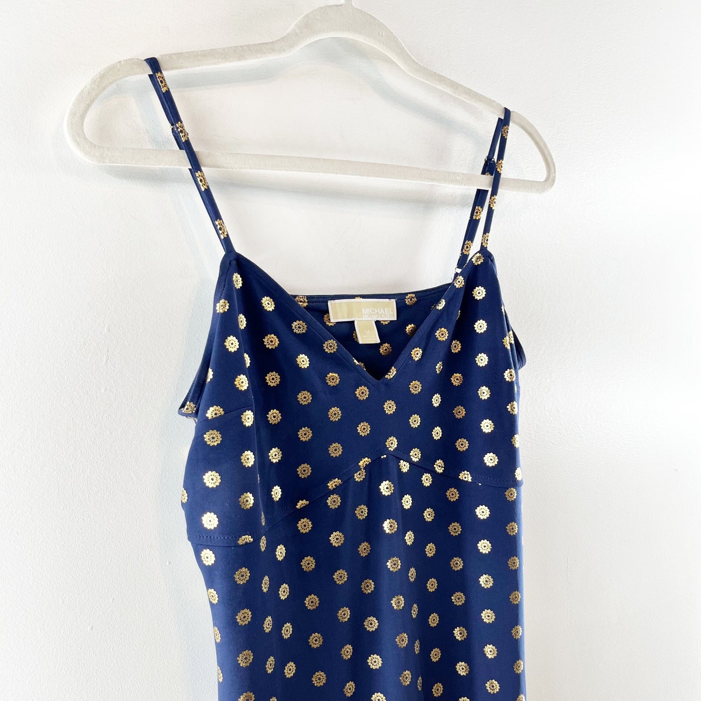 Michael Kors Medallion Foil Print Sleeveless Maxi Dress Navy Blue Gold Medium