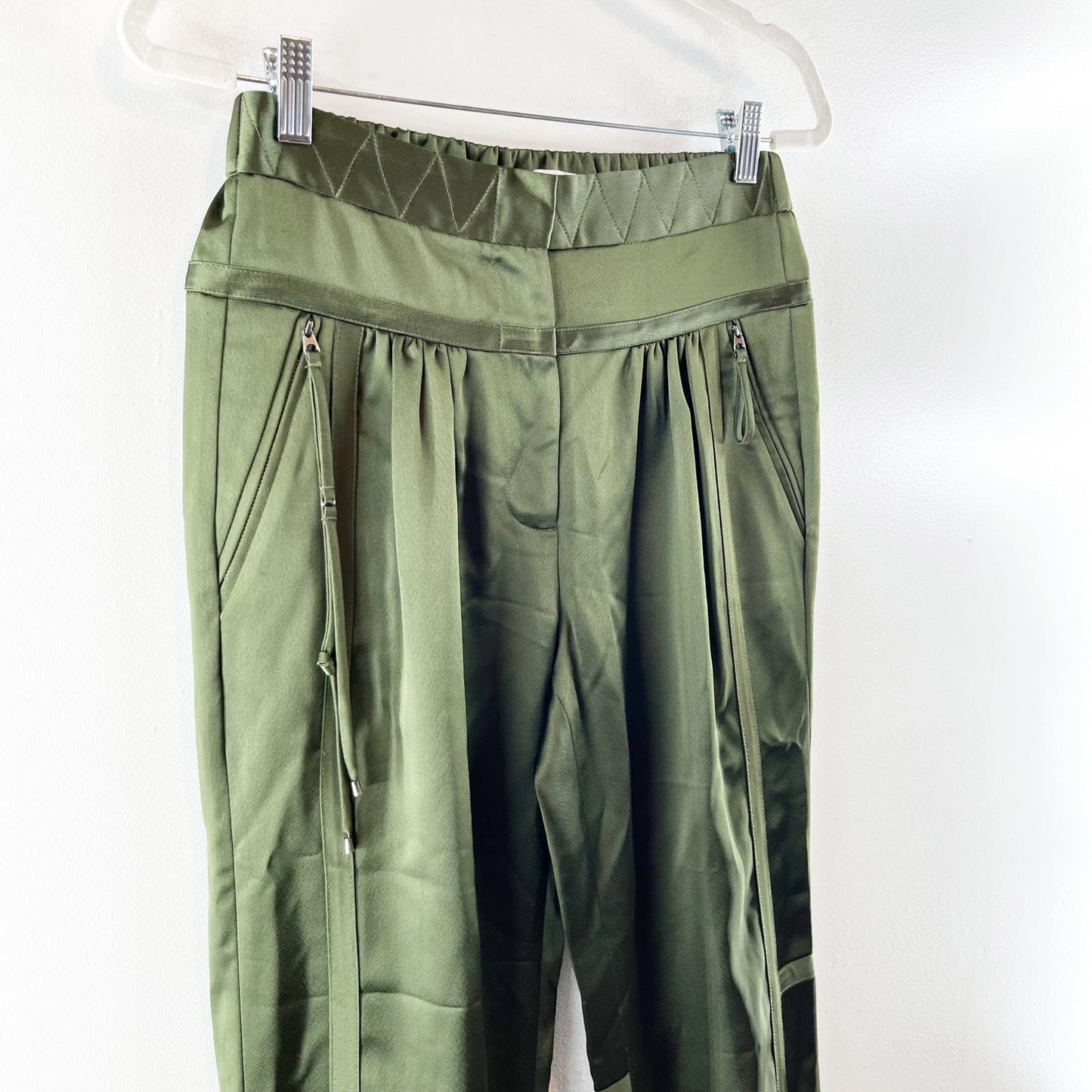 Halston Heritage Satin High Waisted Tapered Leg Joggers Pants Dark Forest Green