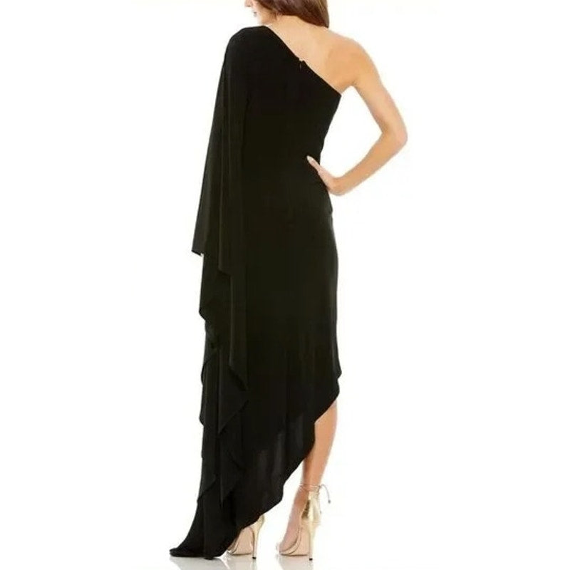 Ieena for MacDuggal One Shoulder Cape Sleeve Ruched Jersey Gown Dress Black L