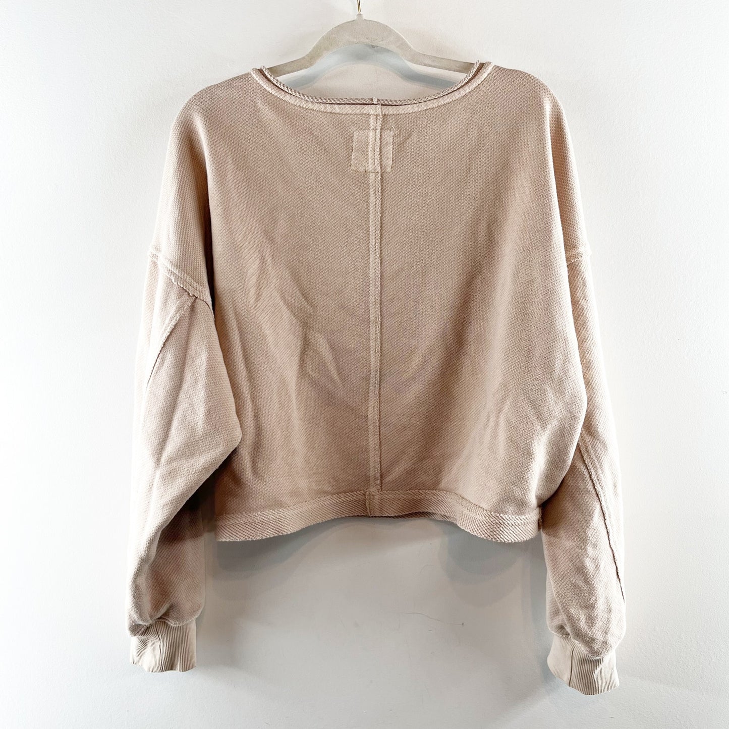 Aerie Beach Party Cropped Long Sleeve Crewneck Sweatshirt Top Tan Large