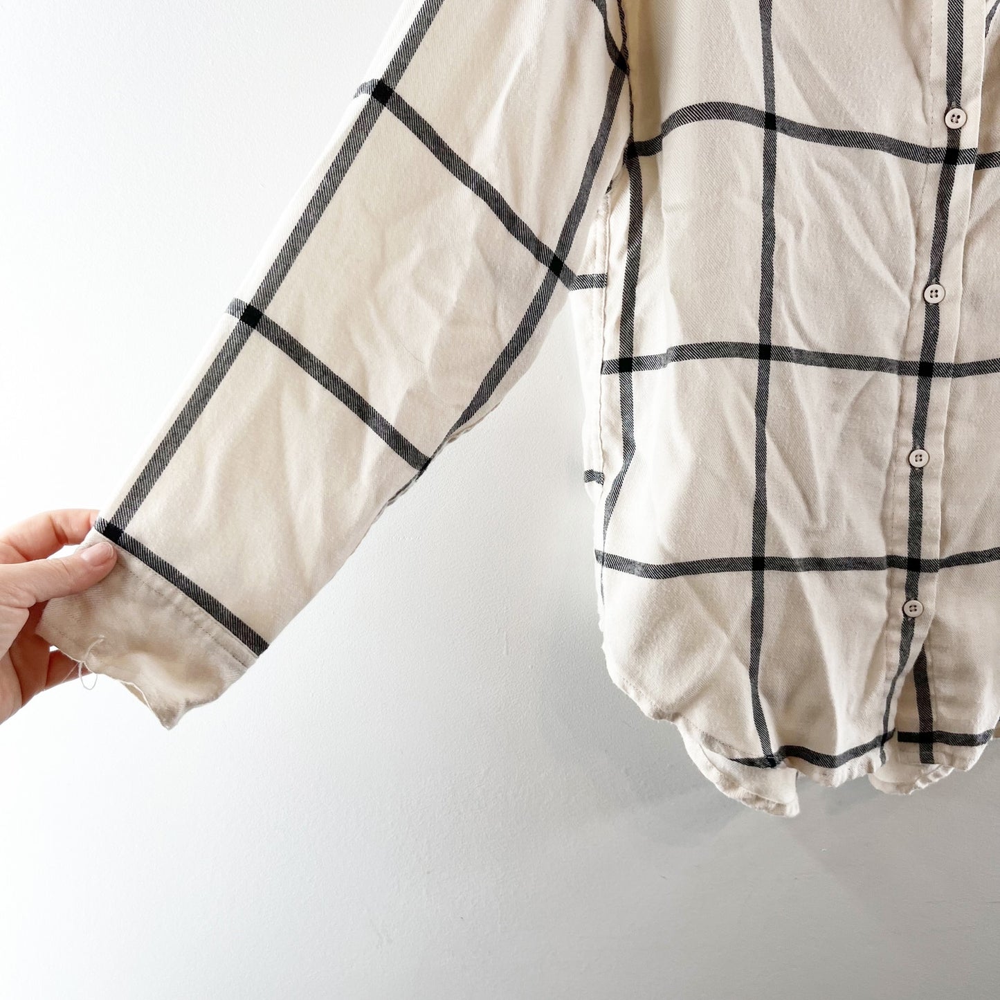 Z Supply River Windowpane Long Sleeve Pocket Button Up Shirt Cream Black Small