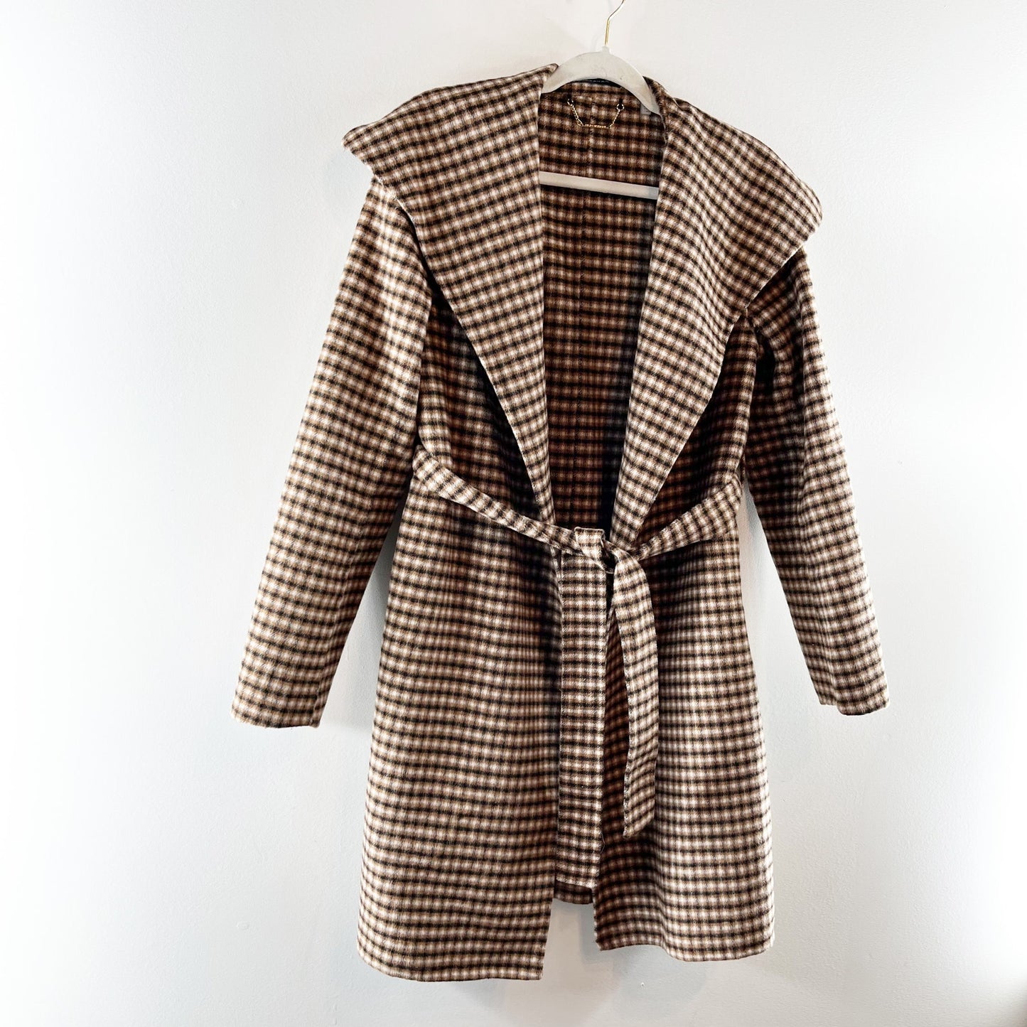 Elie Tahari Vienna Belted Wool Blend Plaid Wrap Coat Jacket Tan Small