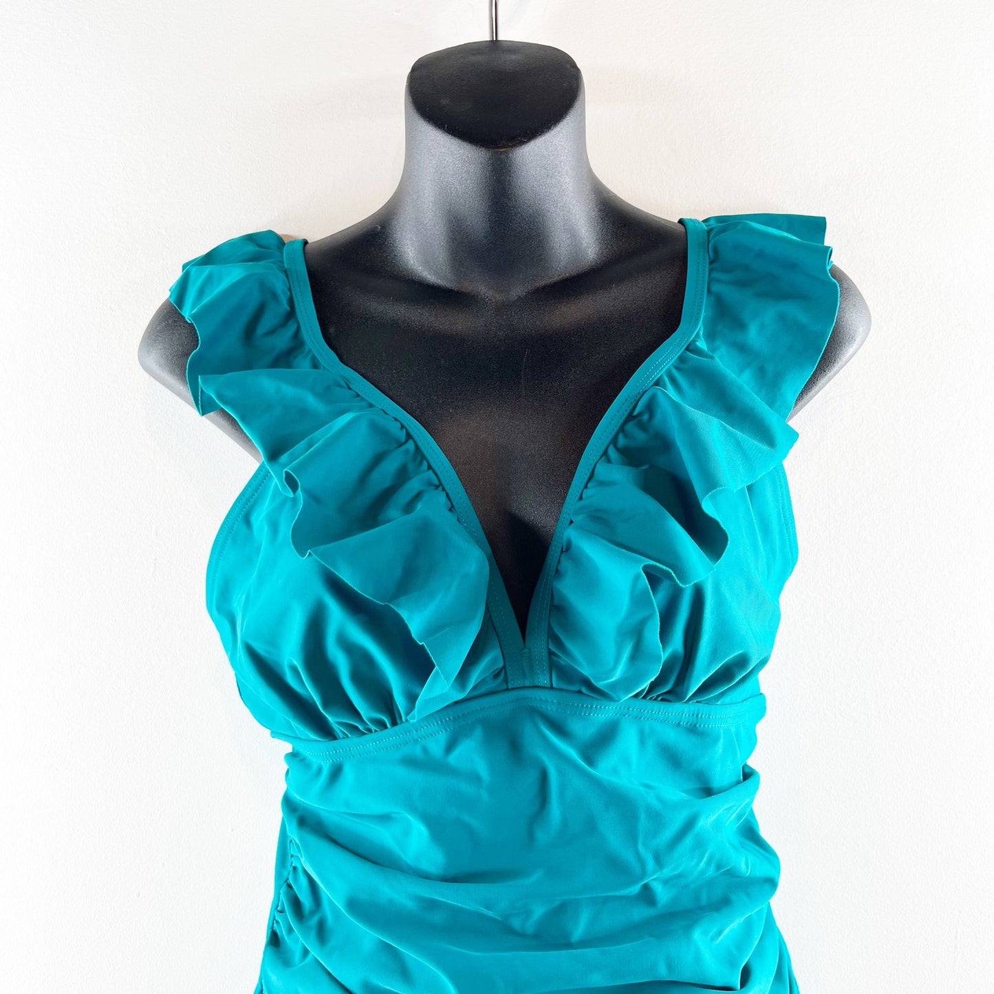 Plunge V Neck Ruffle Trim Ruched One Piece Swimsuit Teal Turquoise Blue Medium
