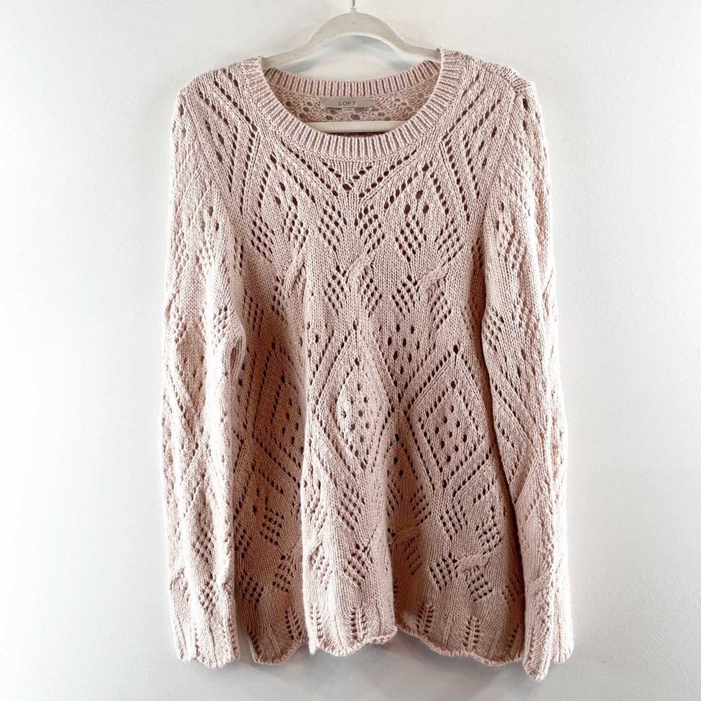 LOFT Pointelle Knit Long Sleeve Crewneck Sweater Pink XL