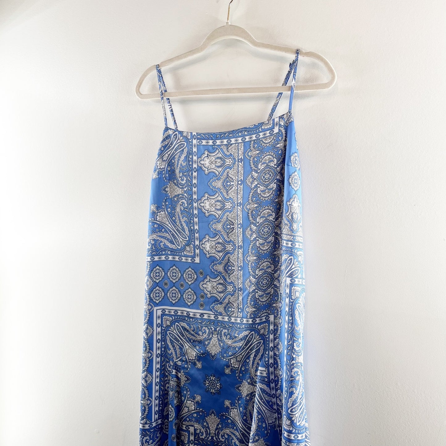Loft Square Neck Bandana Print Slip Midi Satin Dress Blue 8