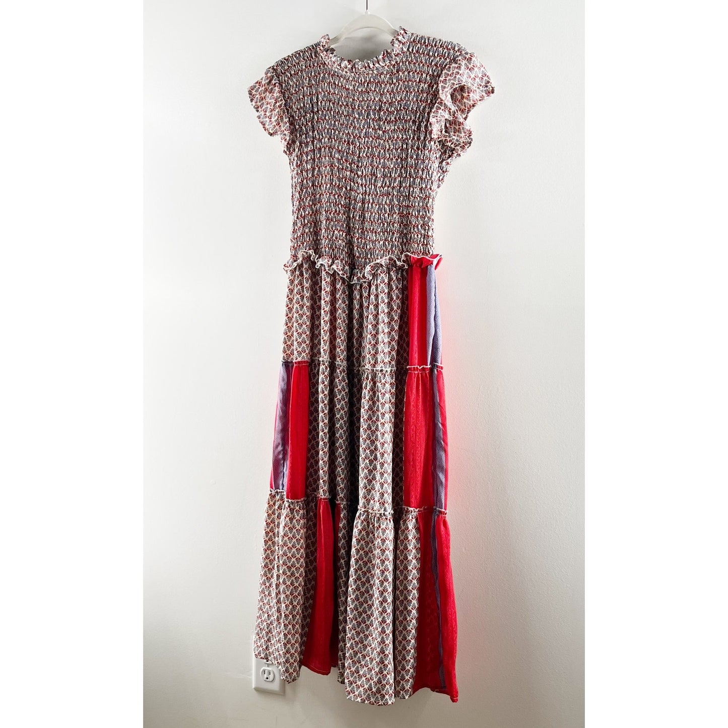 Perry Walker Collective Drop Waist Smocked Patchwork Maxi Dress Red Small
