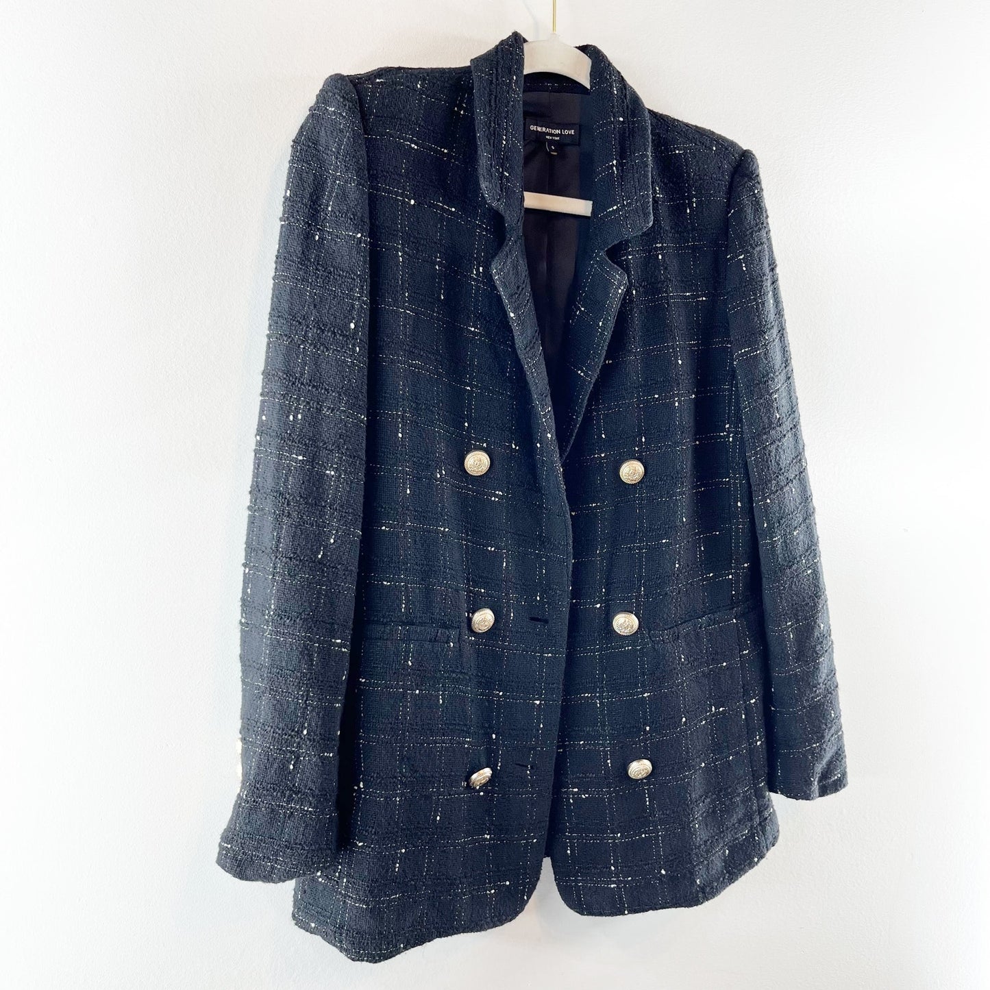 Generation Love Maverick Windowpane Tweed Blazer Jacket Black Small