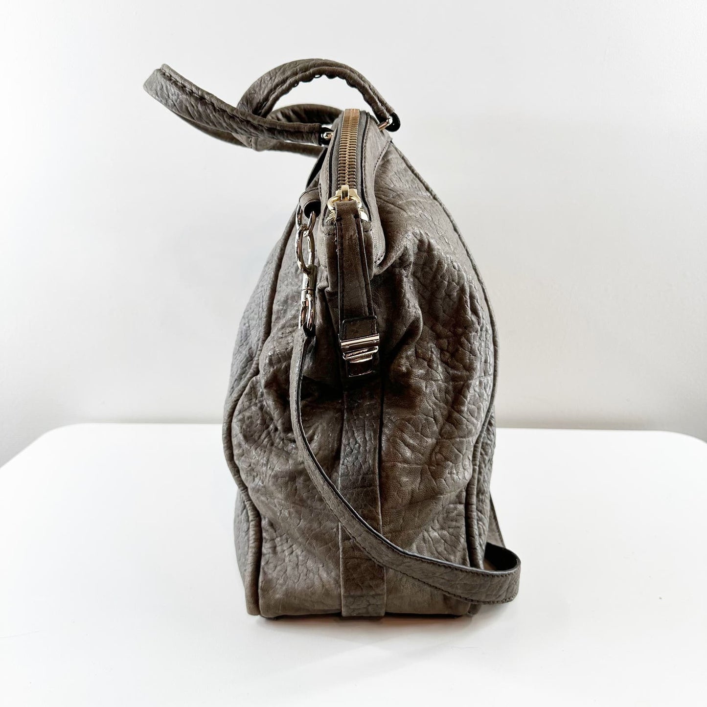 Max Mara Pebbled Soft Leather Tophandle Hobo Satchel Purse Gray