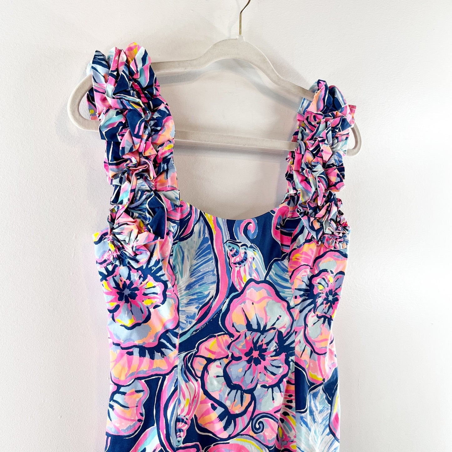 Lilly Pulitzer Devina Floral Ruffle Strap Stretch Mini Sheath Dress Navy Pink 00