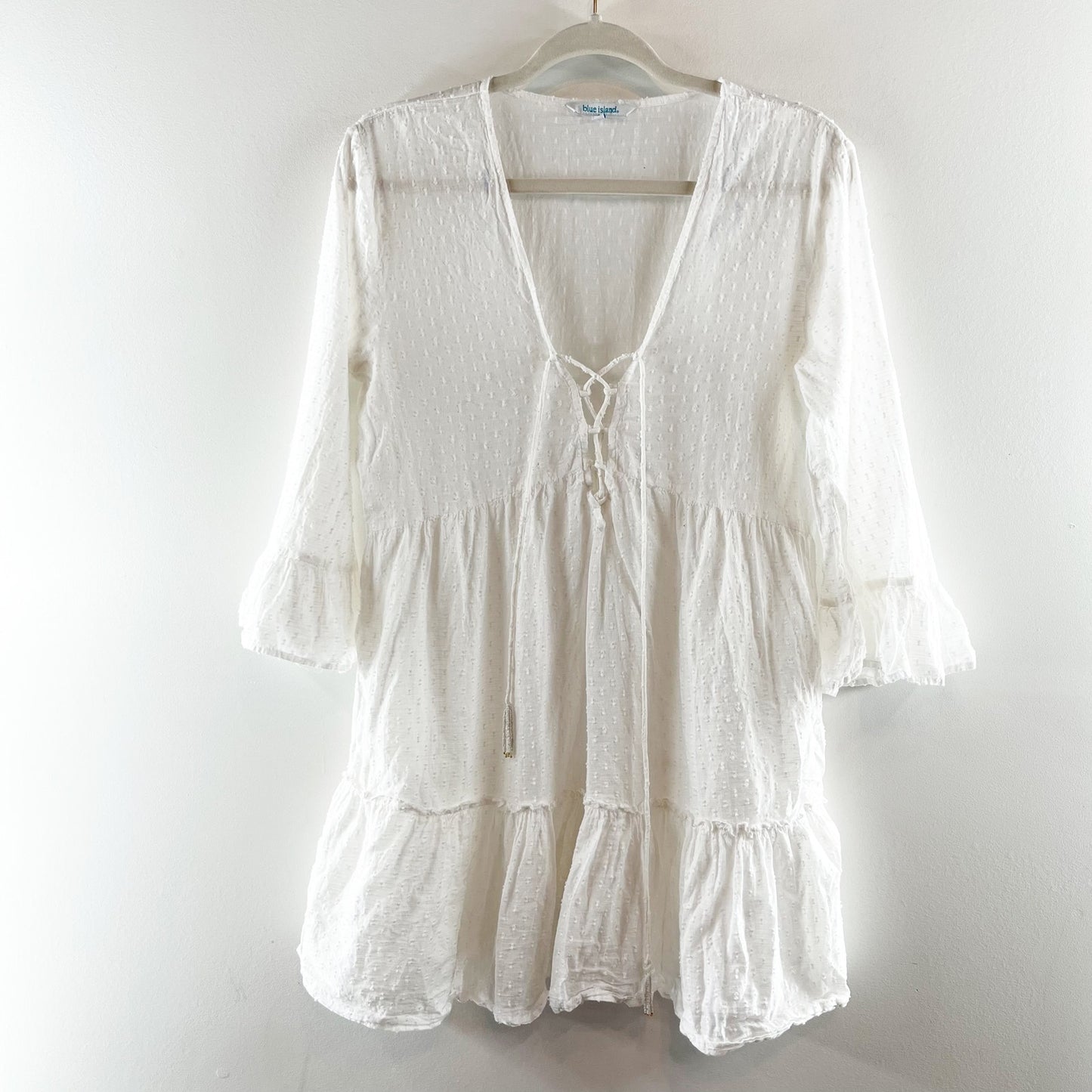 Blue Island Cotton 3/4 Sleeve Ruffle Hem Swim Cover Up White Small