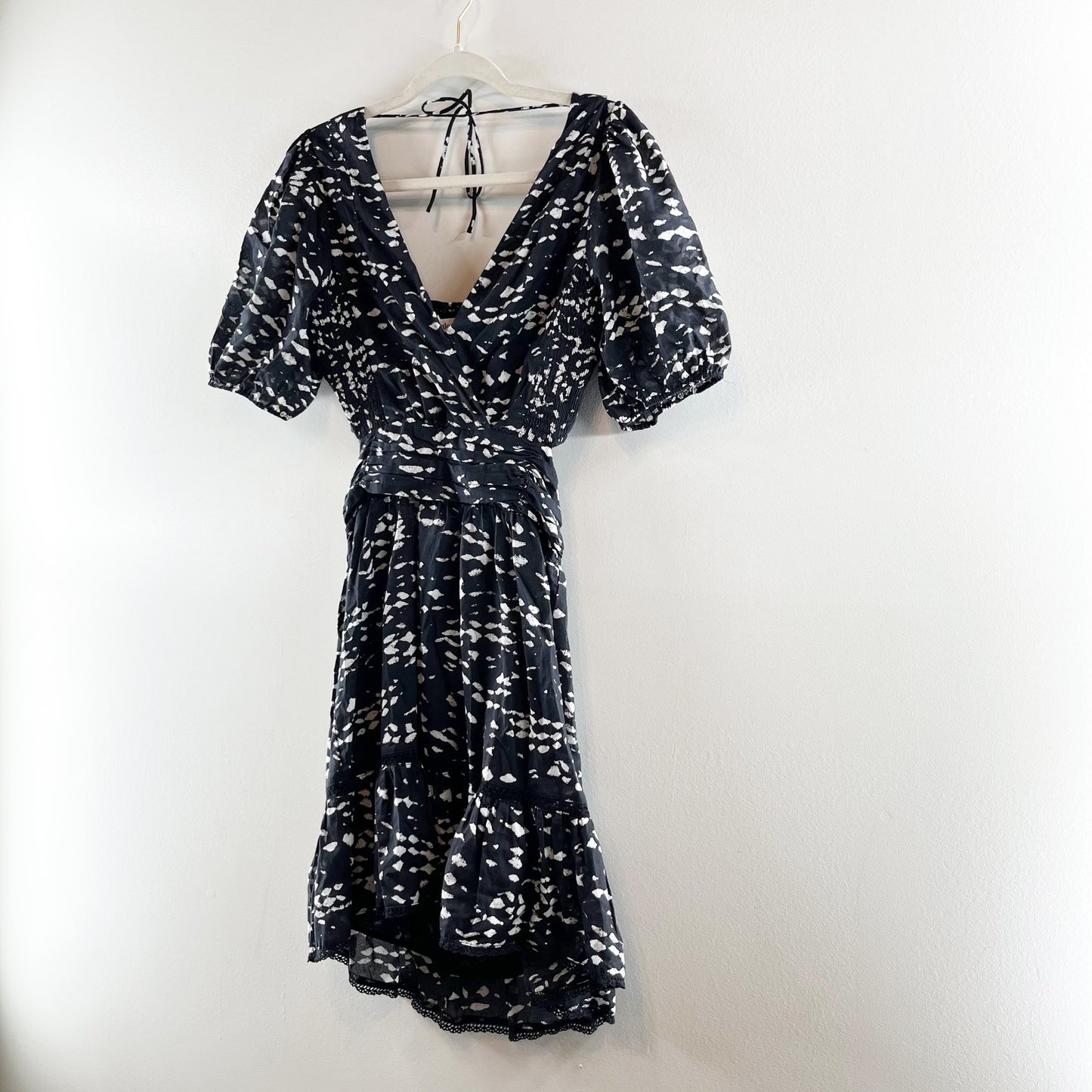 Heartloom Printed Puff Sleeve Surplice V-Neck Cutout Mini Dress Black Small
