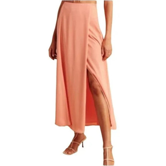 Abercrombie & Fitch Satin Wrap Slit Maxi Skirt Coral Peach Pink XS