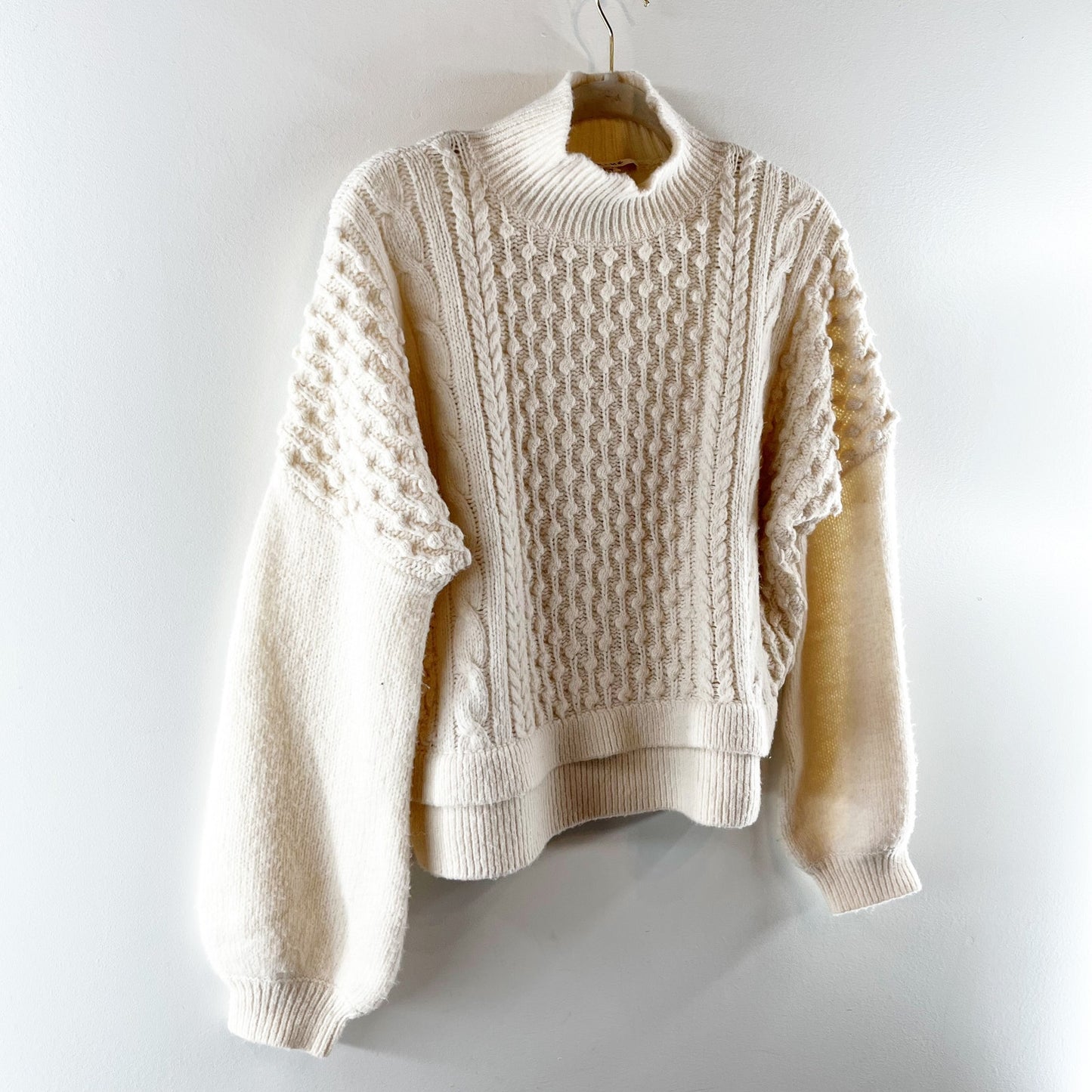 Frame Nubby Long Sleeve Popcorn Knit Tiered Pullover Sweater Cream Small