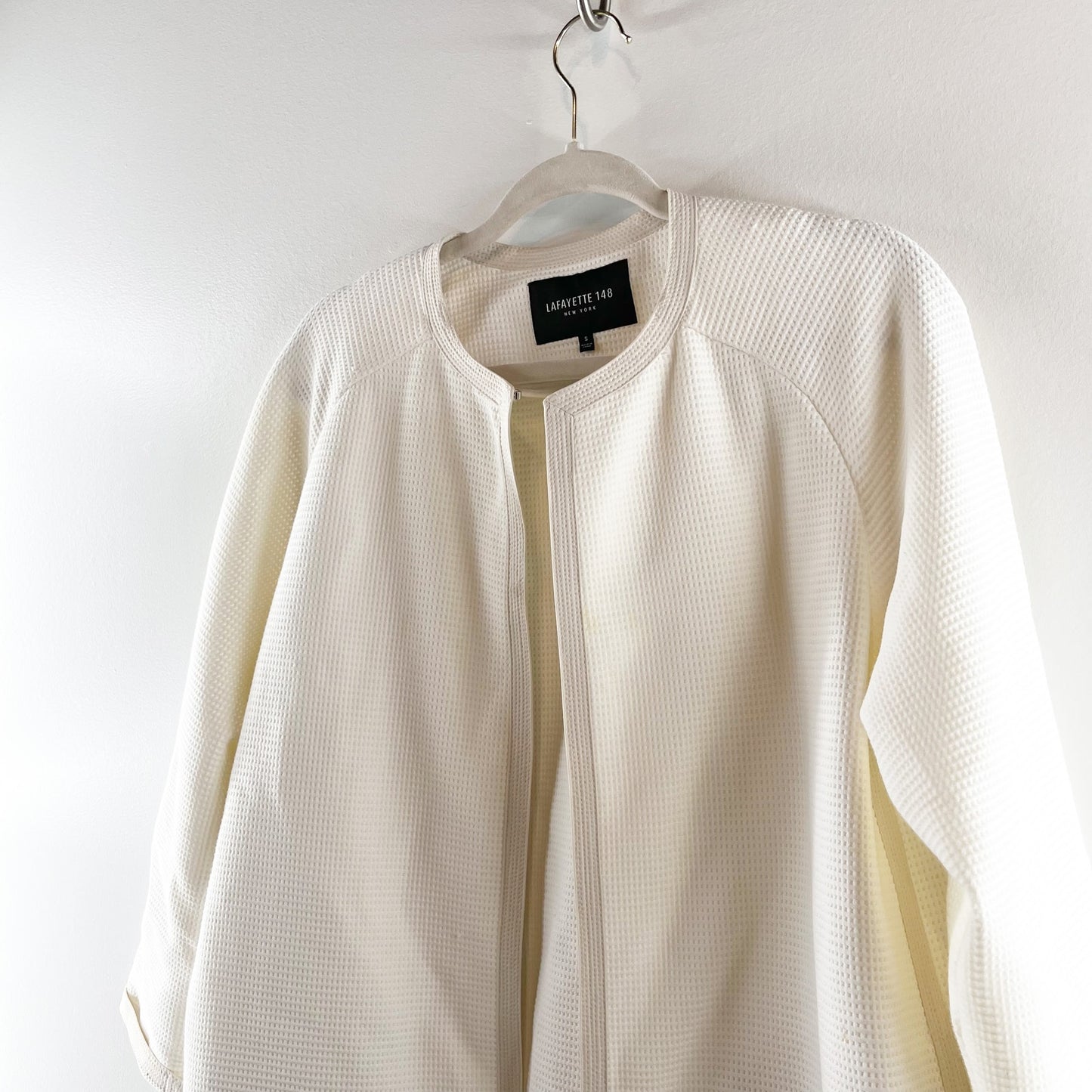 Lafayette 148 New York Long Sleeve Open Waffle Knit Jacket Blazer White Small