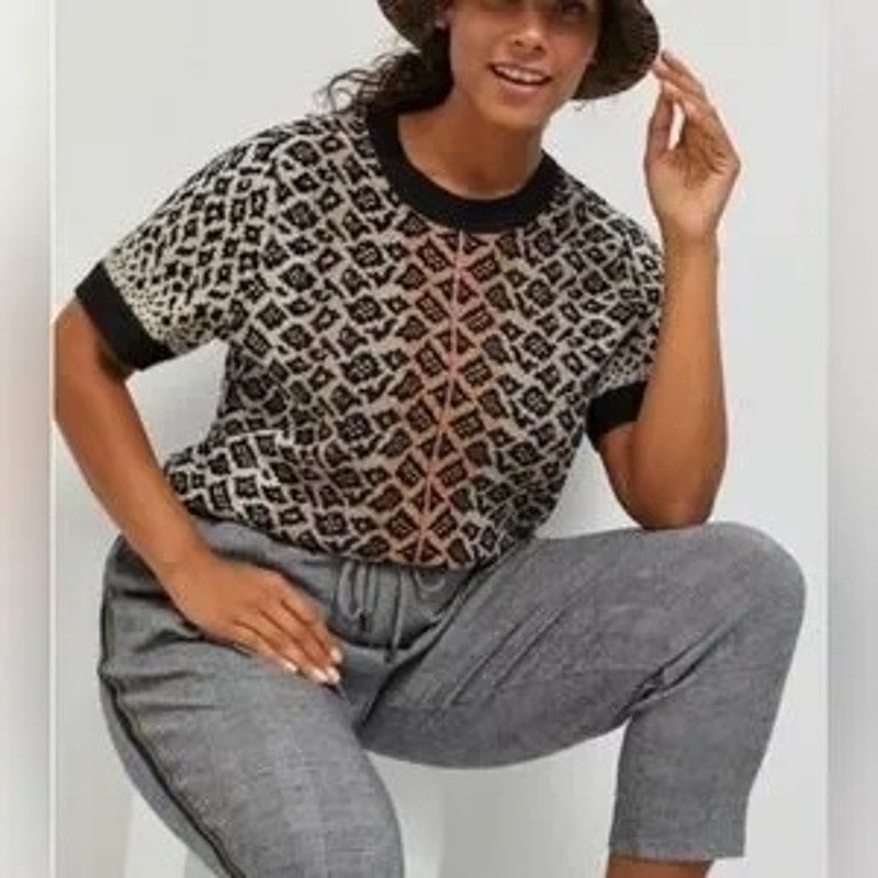Anthropologie Maeve Ellinor Short Sleeve Leopard Sweater Brown Black XL