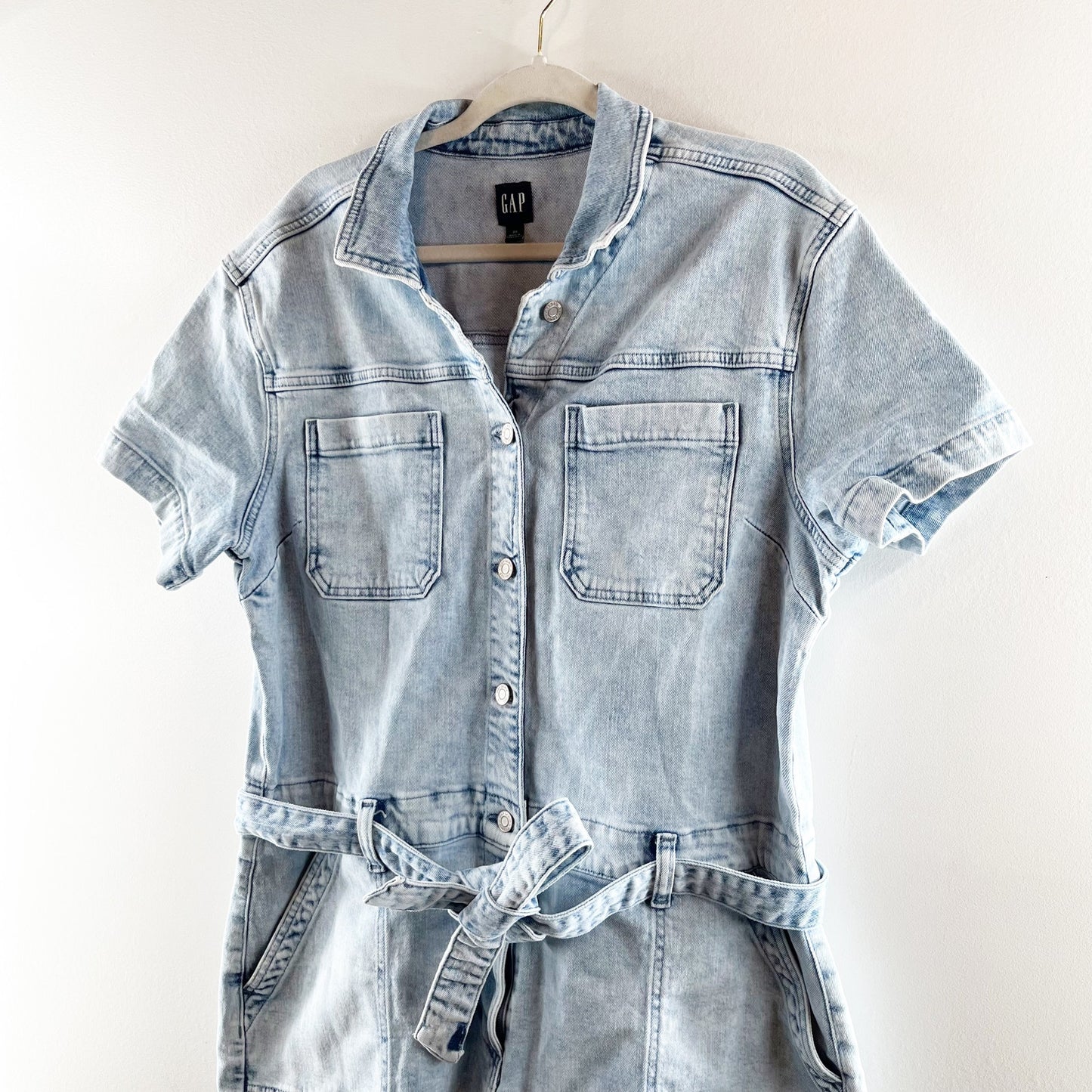 GAP Short Sleeve Tie Waist Denim Romper Light Indigo Wash Blue 20