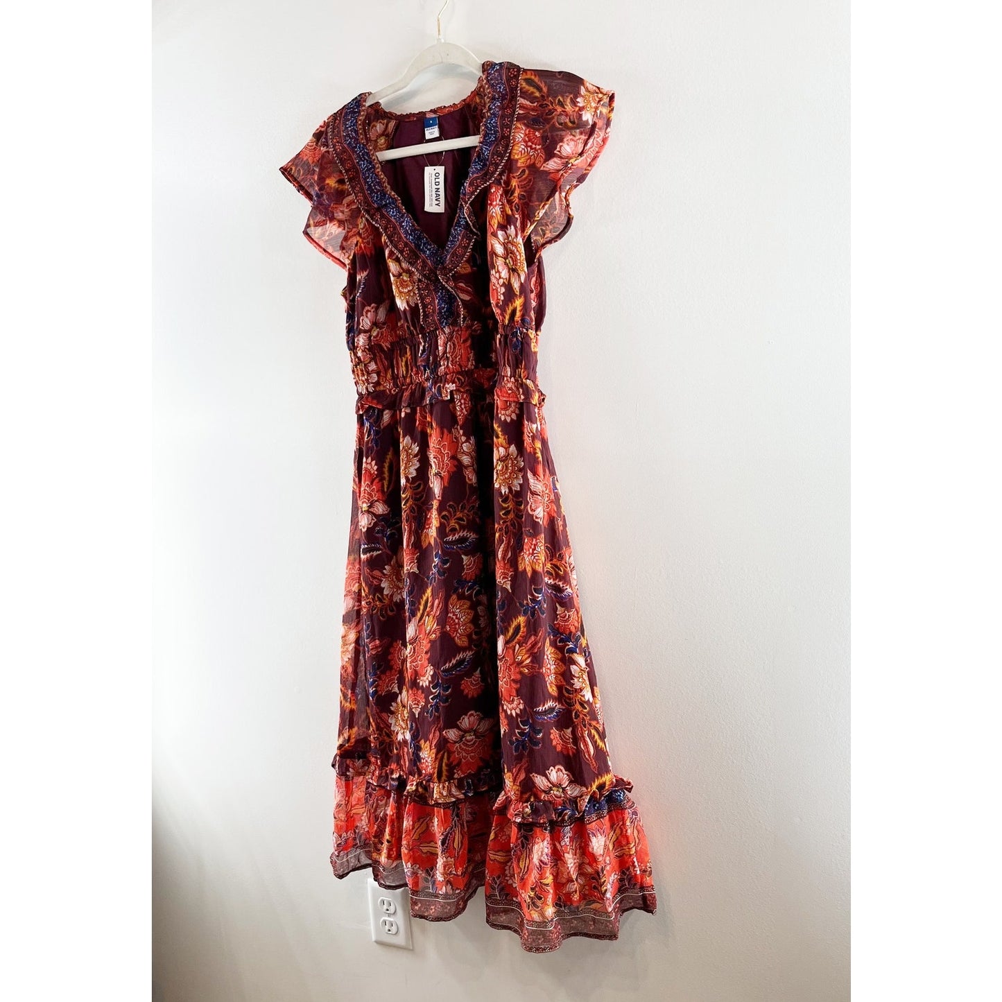 Old Navy Waist Defined Flutter Short Sleeve Floral Midi Dress Rust Red Small