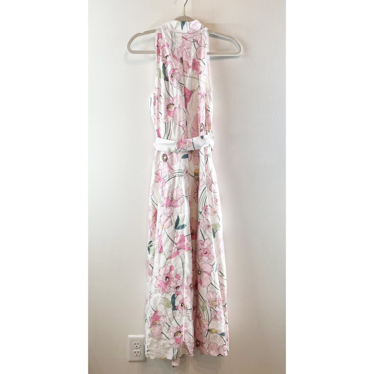 Ellie Tahari Sleeveless Button Up Maxi Shirt Dress with Belt Floral White Pink 8
