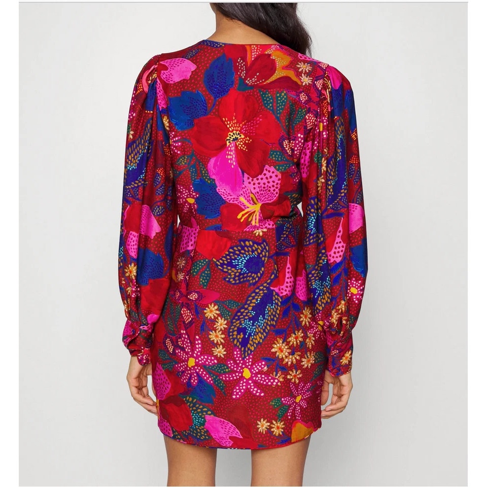 Farm Rio Red Wild Life Long Puff Sleeve Mini Dress Snake Garden Red Medium