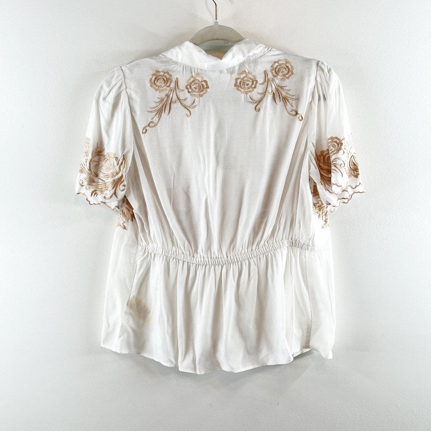 Anthropologie Kathryn Embroidered Short Sleeve Blouse Top White US 2