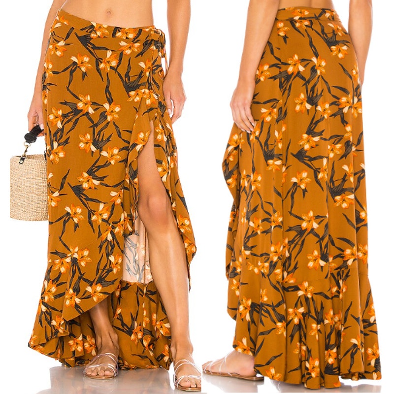 L*Space Desiree High Waisted Ruffle Side Slit Wrap Maxi Skirt Love Song Floral L