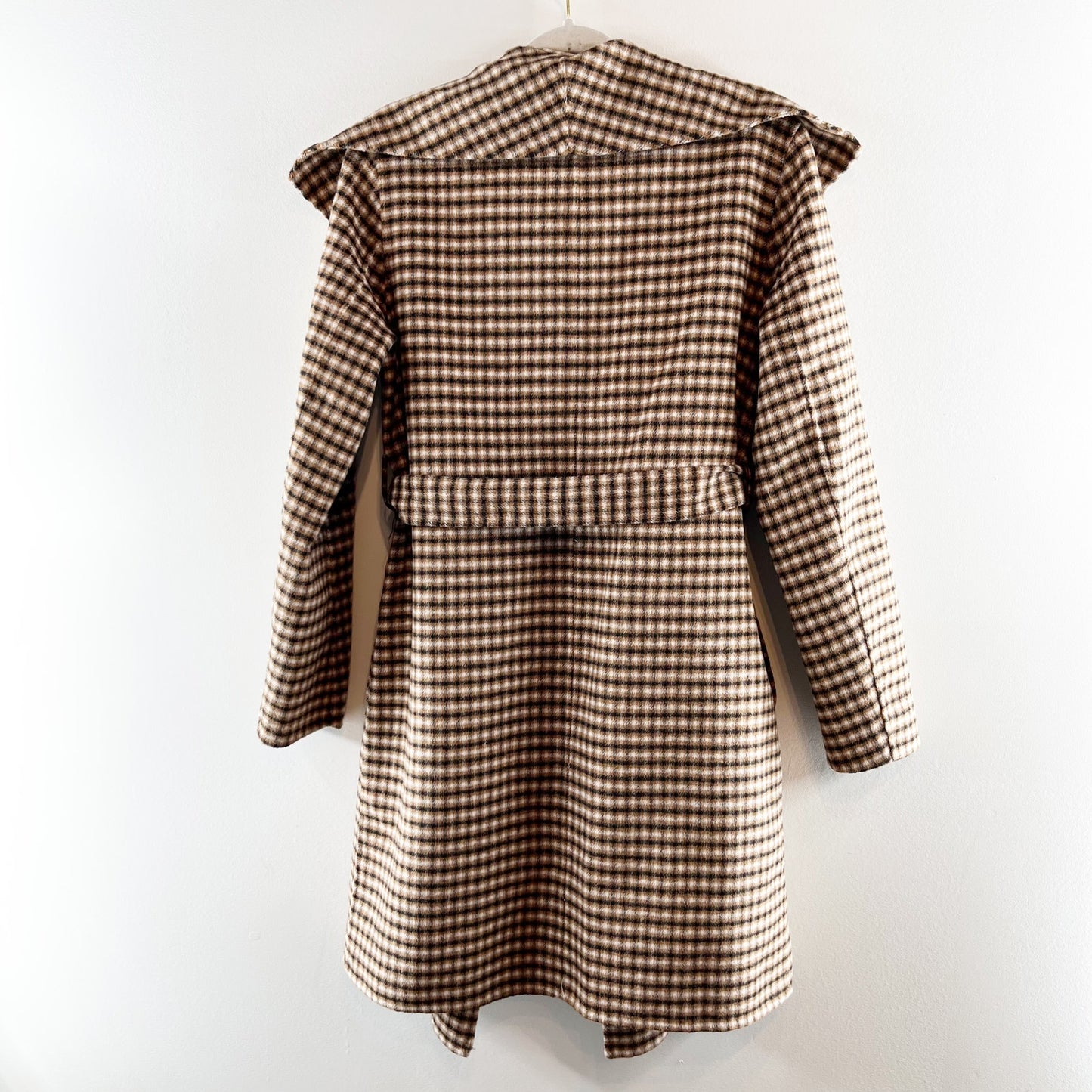 Elie Tahari Vienna Belted Wool Blend Plaid Wrap Coat Jacket Tan Small