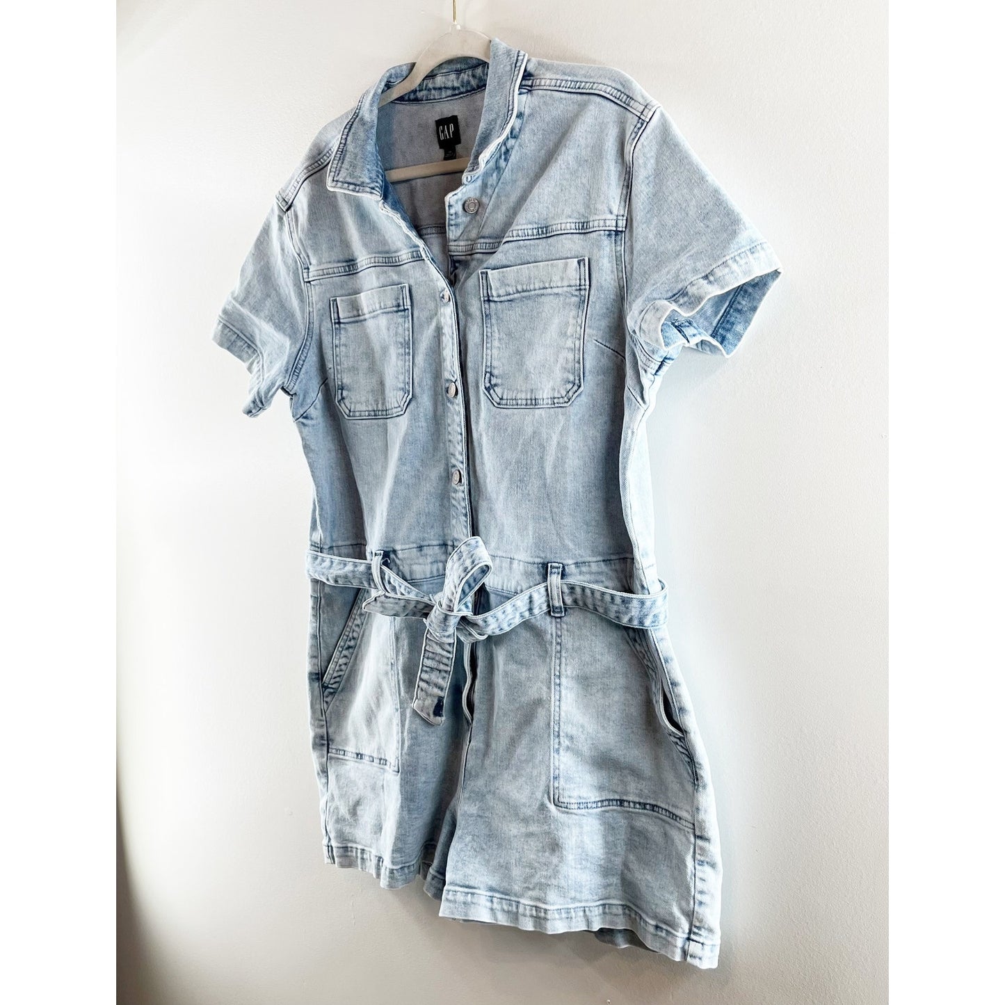 GAP Short Sleeve Tie Waist Denim Romper Light Indigo Wash Blue 20