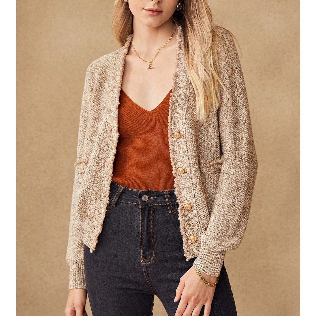 MOTF Distressed Cropped Slouchy Cardigan Sweater Khaki Tan Large