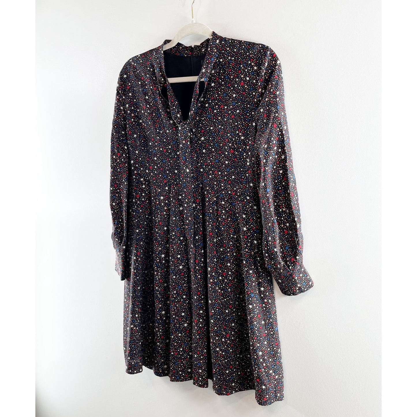 Madewell Long Sleeve Balsam Tie Neck Mini Silk Dress in Starry Night Black 4