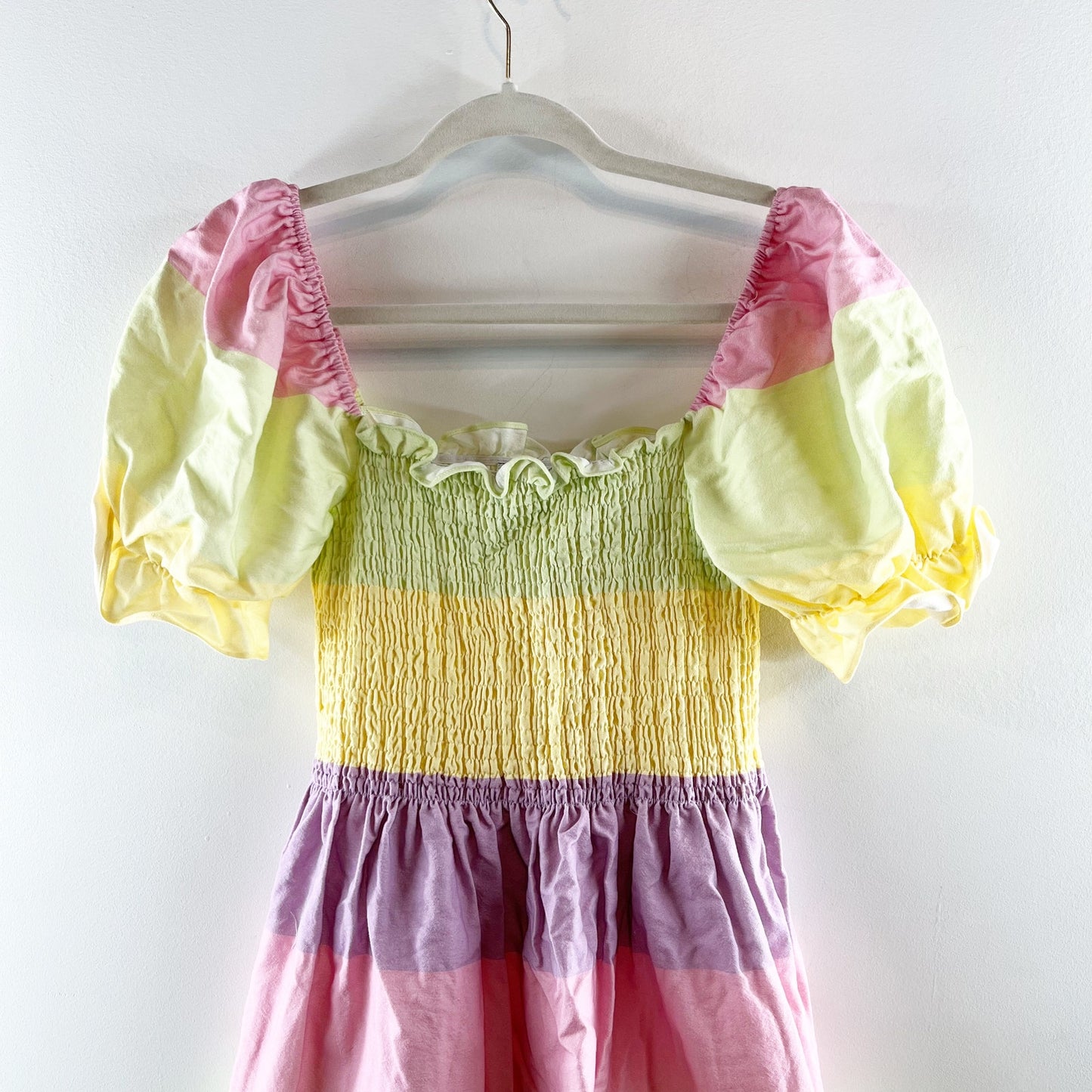 Olivia Rubin Emilie Striped Pastel Puff Sleeve Mini Dress Yellow Pink 2