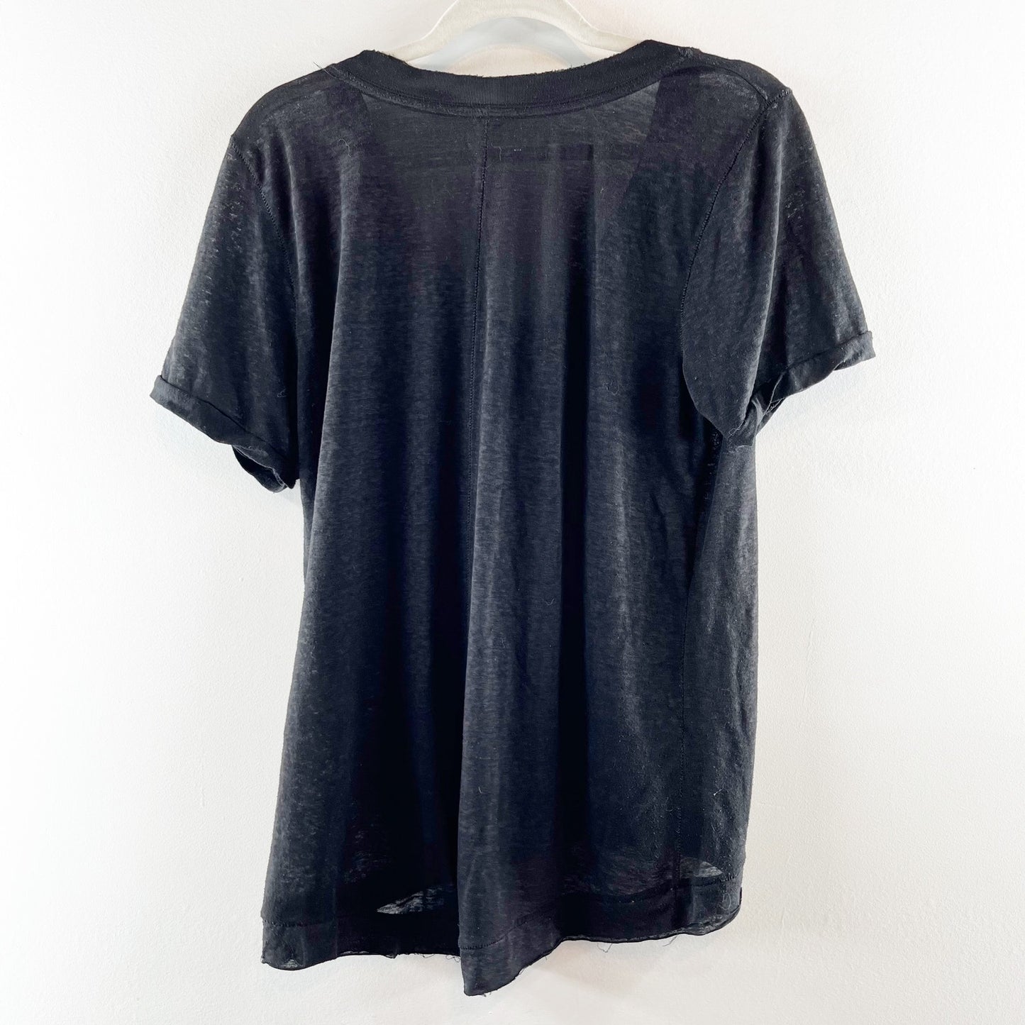 Free People V Neck Short Sleeve Linen Blend T-Shirt Black Small